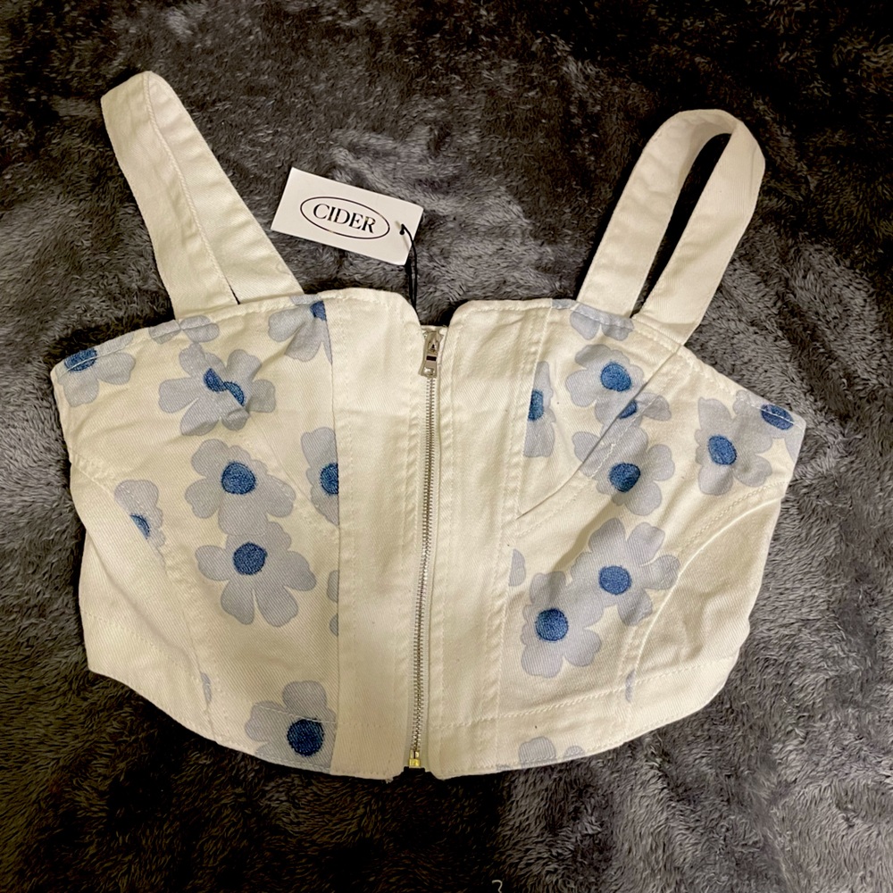 NWT Cider Corset Top White Floral Blue Zipper